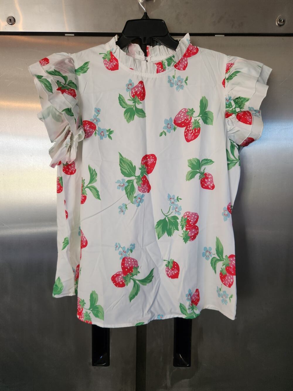 Womens Strawberry Print Blouse | White Red Ruffle Mock Neck Flutter Sleeve